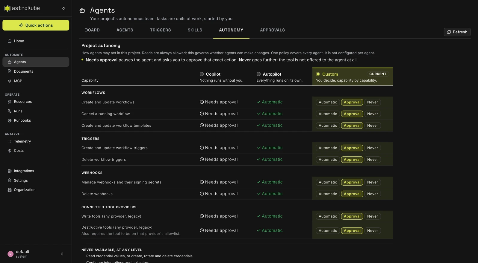 Agent autonomy policy in AstroKube Platform, set capability by capability