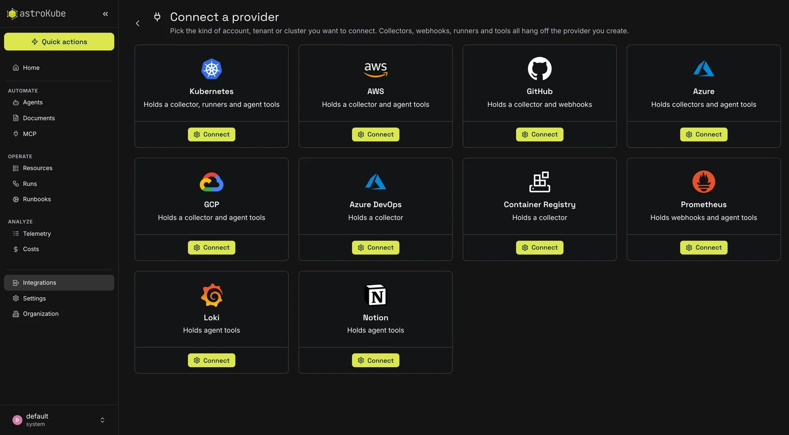Provider catalog in AstroKube Platform for connecting cloud accounts, clusters and tools